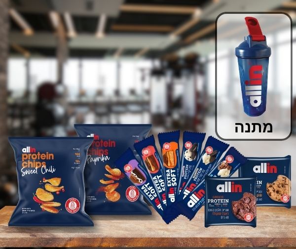 מארז עוגיות חלבון וחטיפים All In + שייקר מתנה