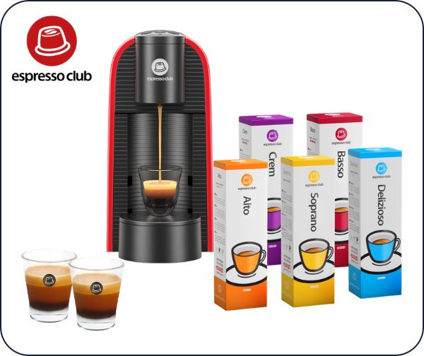 מארז Welcome מבית אספרסו קלאב - מכונת קפה, 50 קפסולות וסט כוסות