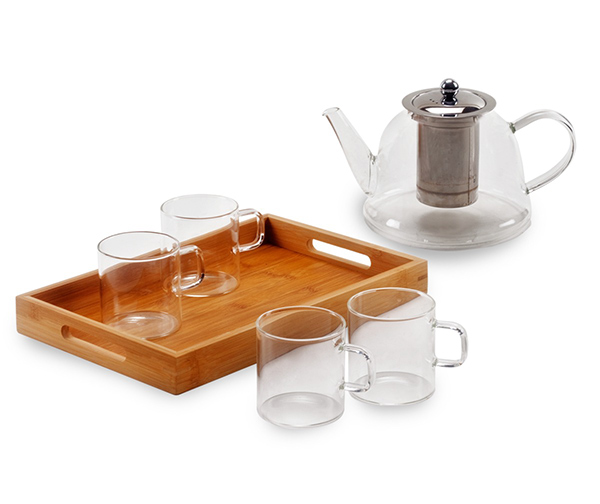 סט הגשה מהודר לתה הכולל מגש במבוק, קנקן שתייה חמה 1.5 ליטר + 4 כוסות מזכוכית מחוסמת