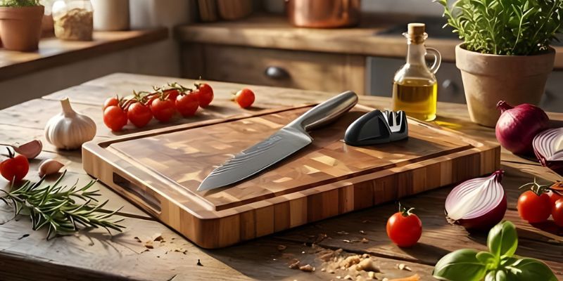 לוח בוצ'ר עם סכין שף ומשחיז